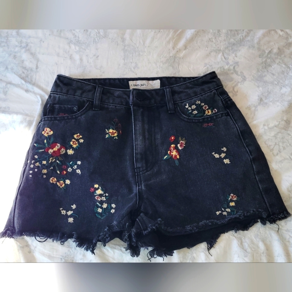 Embroidered Black Denim Shorts